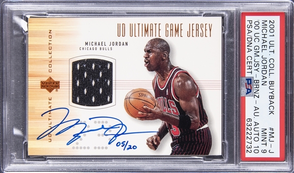 2001-02 UD Ultimate Collection Buyback "00 UC Game Jersey Bronze" #MJ-J Michael Jordan Signed Jersey Card (#05/20) - PSA MINT 9, PSA/DNA 10
